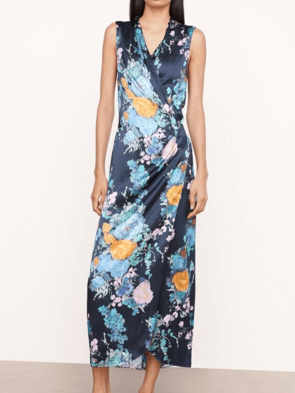 Vince silk navy wrap dress with Painted Navy Multicolor Floral Lining- size XL